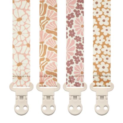 Picture of Baby Pacifier Clip Holder - Girl 4 Pack Gift Set - Boho Modern Pink and Beige Flowers Floral (Nolana)