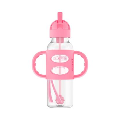 Picture of Dr. Brown's Milestones Narrow Sippy Straw Bottle, Spill-Proof with 100% Silicone Handles and Weighted Straw, 8 oz/250 mL, Pink, 6m+