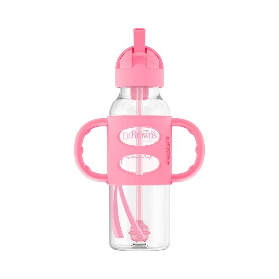 Picture of Dr. Brown's Milestones Narrow Sippy Straw Bottle, Spill-Proof with 100% Silicone Handles and Weighted Straw, 8 oz/250 mL, Pink, 6m+