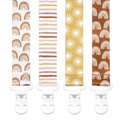 Picture of Baby Pacifier Clip Holder - Girl or Boy Unisex 4 Pack Gift Set - Boho Modern Neutral Rainbows Suns Stripes (Boho Baby)