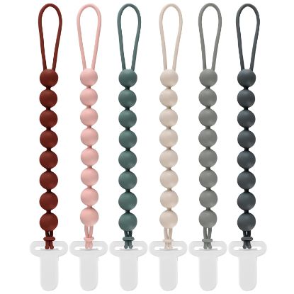 Picture of 6-Pack Silicone Pacifier Clips for Babies, Safe Teething Beads, Rust-Free Holders, Baby Boy and Girl Essentials, Newborn Must-Have Accessories, BPA-Free