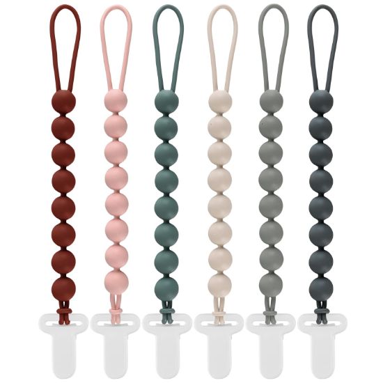 Picture of 6-Pack Silicone Pacifier Clips for Babies, Safe Teething Beads, Rust-Free Holders, Baby Boy and Girl Essentials, Newborn Must-Have Accessories, BPA-Free