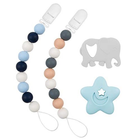 Picture of Babygoal Silicone Pacifier Clips for Boys, 2 Pack Teething Beads with Teething Toys fits Most Pacifier Styles, Soothie and Baby Gift 2GJL05-YJ