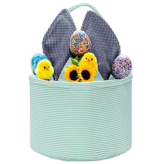 Picture of Easter Basket Seersucker Egg Hunt Bunny Baskets for Kids with Cute Rabbit Ears Stripe Storage Gifts Candies Personalized Easter Party Gifts.………