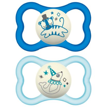 Picture of MAM Air Night Pacifiers (2 Pack, 1 Sterilizing Pacifier Case), MAM Sensitive Skin Pacifier 6+ Months for Baby Boy, Glow in The Dark Pacifier, Baby Pacifiers, Designs May Vary