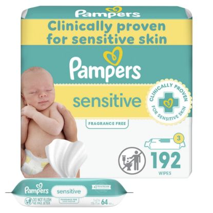 Picture of Pampers Baby Wipes Sensitive, Water Based Wipes, Hypoallergenic and Unscented Wipes, 192 Wipes Total (3 Refill Packs)