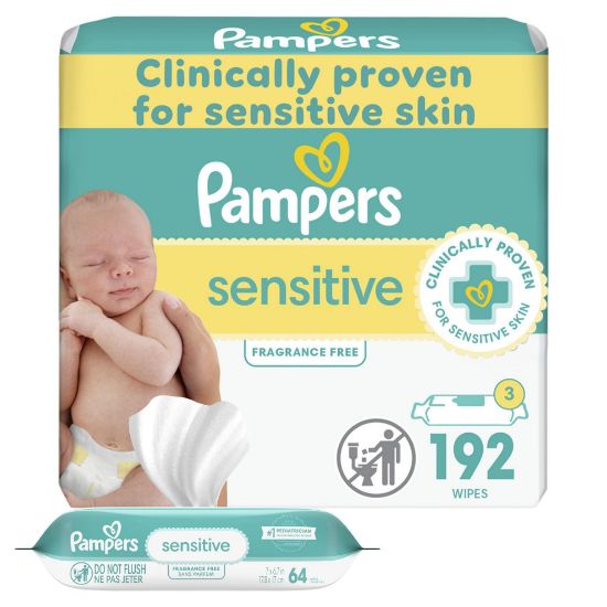 Picture of Pampers Baby Wipes Sensitive, Water Based Wipes, Hypoallergenic and Unscented Wipes, 192 Wipes Total (3 Refill Packs)
