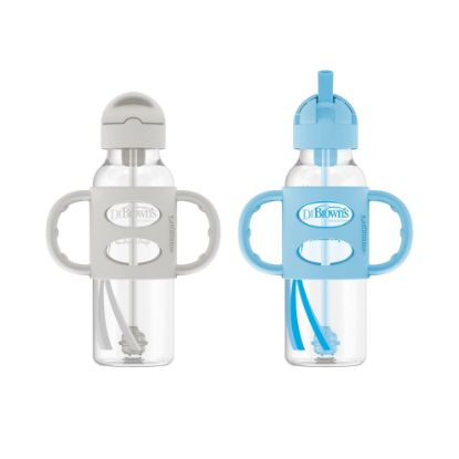 Picture of Dr. Brown's Milestones Narrow Sippy Straw Bottle, Spill-Proof with 100% Silicone Handles and Weighted Straw, 8 oz/250 mL, Gray & Blue, 6m+