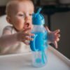 Picture of Dr. Brown's Milestones Narrow Sippy Straw Bottle, Spill-Proof with 100% Silicone Handles and Weighted Straw, 8 oz/250 mL, Gray & Blue, 6m+