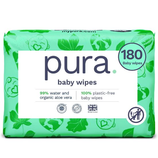 Picture of Pura Natural Sensitive Baby Wipes, 99% Water, Unscented & Hypoallergenic, Suitable for Sensitive & Eczema-prone Skin, Fragrance Free & Hypoallergenic, EWG Verified, 3 x 60 per pack (180 Wipes)