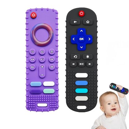 Picture of YAPROMO Baby Teething Toys,Reomte Teether Toys, Silicone Chew Toy for Babies 18+ Months, Remote Control Shape Teething Toys, Early Educational Toy BPA Free & Refrigerator Safe (Black01 & Purplr02)