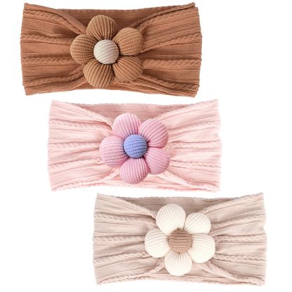 Picture of MIUXUESO 3 Pcs Baby Flower Headbands Baby Girls Nylon Headbands Soft Hairbands Hair Accessories for Newborn Infant Toddler Kids (Beige,Pink,Brown)