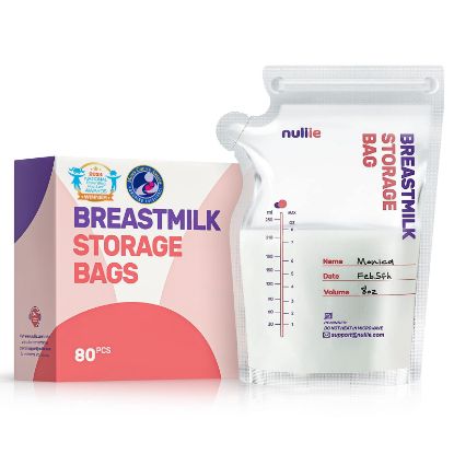 Picture of Nuliie 80 Pcs Breastmilk Storage Bags, 8 OZ Breast Milk Storing Bags, BPA Free, Milk Storage Bags with Pour Spout for Breastfeeding, Self-Standing Bag, Space Saving Flat Profile