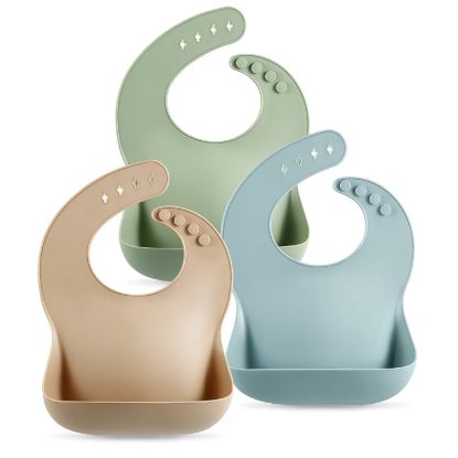 Picture of PandaEar Set of 3 Silicone Baby Bibs Waterproof, Soft, Unisex, 10-72 Months (Brown/Blue/Green)