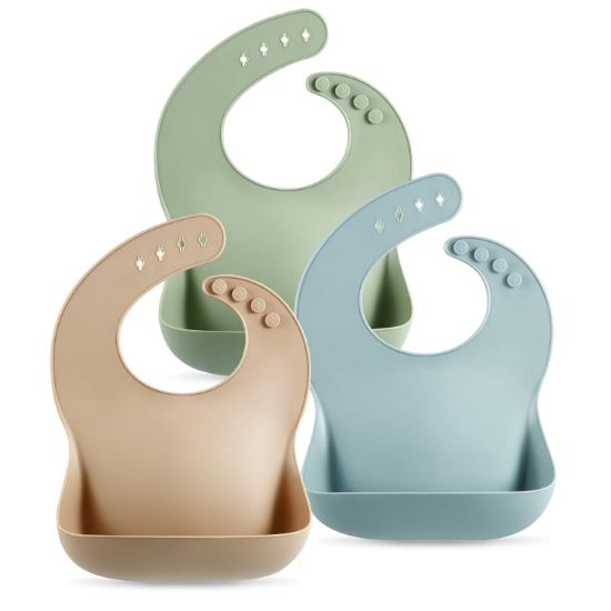 Picture of PandaEar Set of 3 Silicone Baby Bibs Waterproof, Soft, Unisex, 10-72 Months (Brown/Blue/Green)