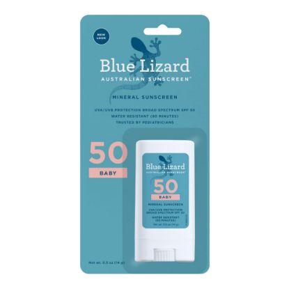 Picture of Blue Lizard BABY Mineral Sunscreen Stick with Zinc Oxide, SPF 50+, Water Resistant, UVA/UVB Protection - Easy to apply, Fragrance Free, .5 oz