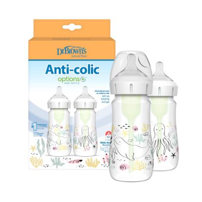 Picture of Dr. Brown’s Natural Flow Anti-Colic Options+ Wide-Neck Baby Bottle Designer Edition Bottles, Ocean Decos, 9 oz/270 mL, Level 1 Nipple, 2-Pack, 0m+