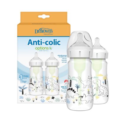 Picture of Dr. Brown's Natural Flow® Anti-Colic Options+™ Wide-Neck Baby Bottle Designer Edition Bottles, Dino Decos, 9oz/270mL, Level 1 Nipple, 2-Pack, 0m+