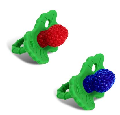 Picture of RaZbaby RaZberry Silicone Teether Pacifier - Teething Relief for Infants, Food-Grade, BPA-Free, Hands-Free, Natural Berrybumps Fruit Texture for Sensory Development, Freezable, 2-Pack - Red & Blue