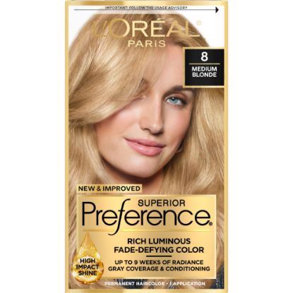 Picture of L'Oreal Paris Superior Preference Fade-Defying + Shine Permanent Hair Color, 8 Medium Blonde, Pack of 1, Hair Dye