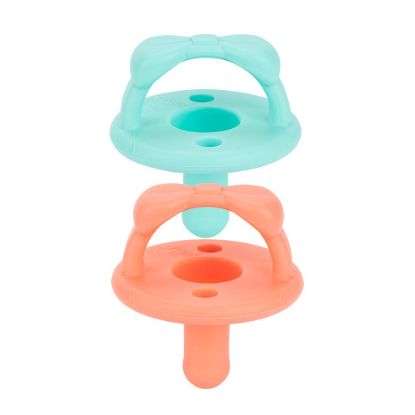 Picture of Itzy Ritzy Silicone Pacifiers for Newborn - Sweetie Soother Pacifiers Feature Collapsible Handle & Two Air Holes for Added Safety; for Ages Newborn and Up, Set of 2 in Aquamarine & Peach