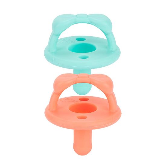 Picture of Itzy Ritzy Silicone Pacifiers for Newborn - Sweetie Soother Pacifiers Feature Collapsible Handle & Two Air Holes for Added Safety; for Ages Newborn and Up, Set of 2 in Aquamarine & Peach