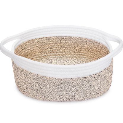 Picture of ABenkle Small Woven Basket, 12" x 8" x 5" - Cute Storage Basket with Handles for Room, Cat & Dog Toys, Gift Box