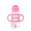 Picture of Dr. Brown's Milestones Wide-Neck Sippy Straw Bottle with 100% Silicone Handles and Weighted Straw, 9 oz/270 mL, Pink, 6m+