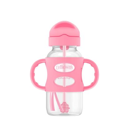 Picture of Dr. Brown's Milestones Wide-Neck Sippy Straw Bottle with 100% Silicone Handles and Weighted Straw, 9 oz/270 mL, Pink, 6m+
