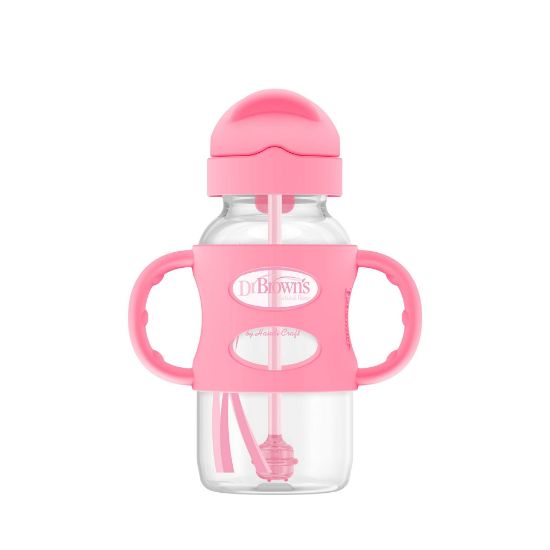 Picture of Dr. Brown's Milestones Wide-Neck Sippy Straw Bottle with 100% Silicone Handles and Weighted Straw, 9 oz/270 mL, Pink, 6m+