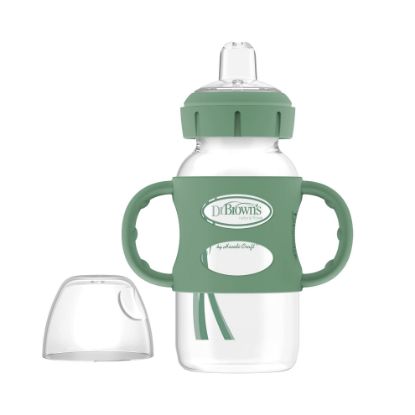 Picture of Dr. Brown's Milestones Wide-Neck Sippy Spout Bottle with 100% Silicone Handles, Easy-Grip Handles with Soft Sippy Spout, 9oz/270mL, Green, 1-Pack, 6m+