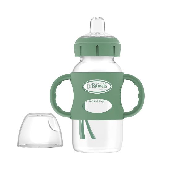 Picture of Dr. Brown's Milestones Wide-Neck Sippy Spout Bottle with 100% Silicone Handles, Easy-Grip Handles with Soft Sippy Spout, 9oz/270mL, Green, 1-Pack, 6m+