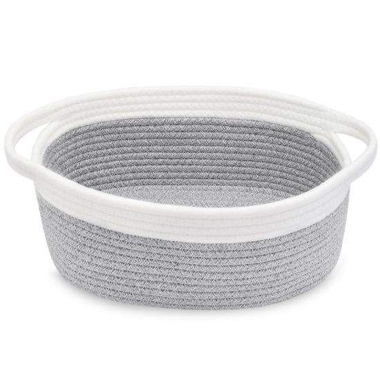 Picture of ABenkle Small Basket, 12"x 8" x 5" Cute Small Woven Basket, Rope Room Shelf Storage Basket, Cat Dog Toys Basket Chest Box, Decorative Empty Gift Basket with Handles