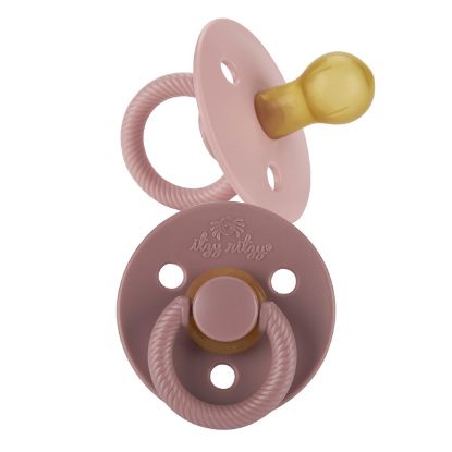 Picture of Itzy Ritzy Natural Rubber Pacifiers, Set of 2 - Natural Rubber Newborn Pacifiers with Cherry-Shaped Nipple & Large Air Holes for Added Safety; Set of 2 in Blossom & Rosewood, Ages 6-18 Months