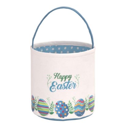 Picture of LessMo Easter Bunny Basket Egg Buckets Gifts Tote Bags, Canvas Cotton Blue Cute Personalized Egg Hunt Basket Stuffers for Easter Party