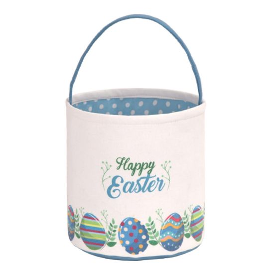 Picture of LessMo Easter Bunny Basket Egg Buckets Gifts Tote Bags, Canvas Cotton Blue Cute Personalized Egg Hunt Basket Stuffers for Easter Party