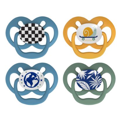 Picture of Dr. Brown's Advantage Glow-in-the-Dark Baby Pacifier, Fully Symmetrical Soother with Soft Silicone Bulb, Skateboard Snail-Blue Nature, 6-18m, BPA Free, 4 Pack