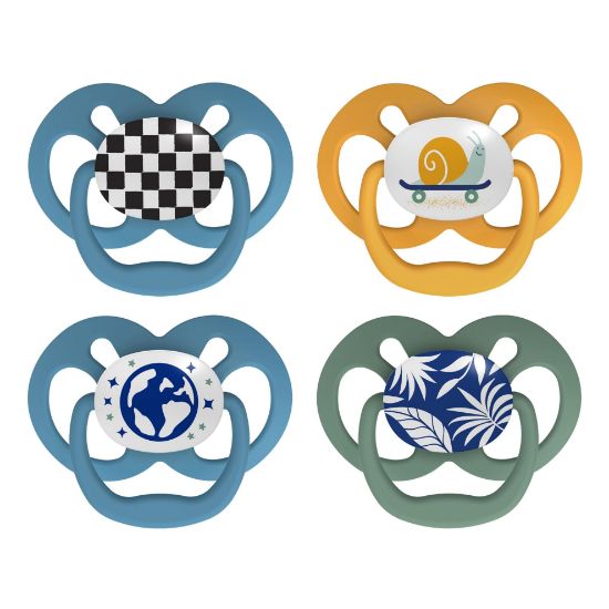 Picture of Dr. Brown's Advantage Glow-in-the-Dark Baby Pacifier, Fully Symmetrical Soother with Soft Silicone Bulb, Skateboard Snail-Blue Nature, 6-18m, BPA Free, 4 Pack