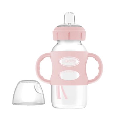 Picture of Dr. Brown's Milestones Wide-Neck Sippy Spout Bottle with 100% Silicone Handles, Easy-Grip Handles with Soft Sippy Spout, 9oz/270mL, Light-Pink, 1-Pack, 6m+