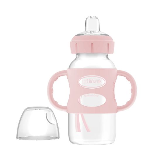 Picture of Dr. Brown's Milestones Wide-Neck Sippy Spout Bottle with 100% Silicone Handles, Easy-Grip Handles with Soft Sippy Spout, 9oz/270mL, Light-Pink, 1-Pack, 6m+