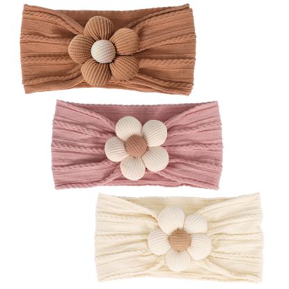 Picture of MIUXUESO 3 Pcs Baby Flower Headbands Baby Girls Nylon Headband Soft Hairbands Hair Accessories for Newborn Infant Toddler Kids (Yellow,Pink,Brown)