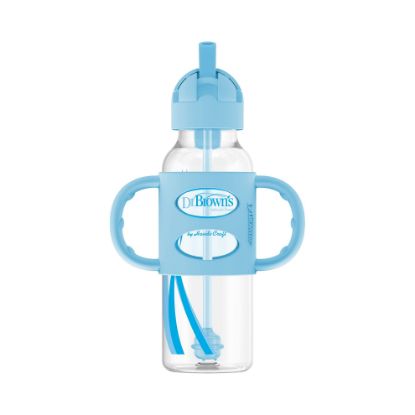 Picture of Dr. Brown's Milestones Narrow Sippy Straw Bottle, Spill-Proof with 100% Silicone Handles and Weighted Straw, 8 oz/250 mL, Blue, 6m+