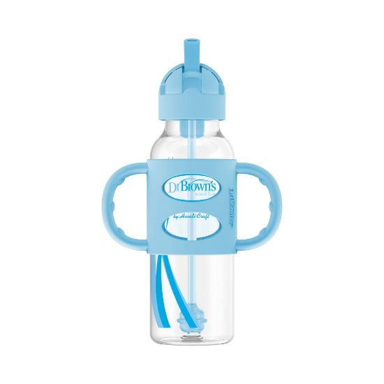 Picture of Dr. Brown's Milestones Narrow Sippy Straw Bottle, Spill-Proof with 100% Silicone Handles and Weighted Straw, 8 oz/250 mL, Blue, 6m+
