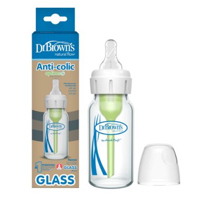 Picture of Dr. Brown's Natural Flow Anti-Colic Options+ Narrow Glass Baby Bottle, 4 oz/120 mL, with Level 1 Slow Flow Nipple, 1 Pack, 0m+