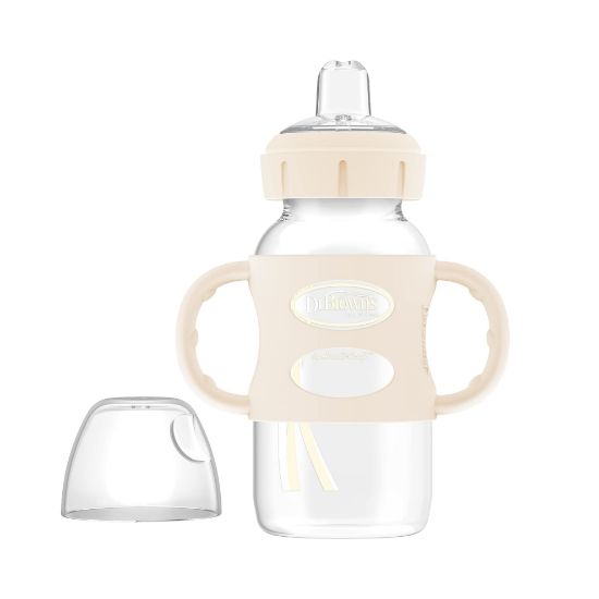 Picture of Dr. Brown's Milestones Wide-Neck Sippy Spout Bottle with 100% Silicone Handles, Easy-Grip Handles with Soft Sippy Spout, 9oz/270mL, Ecru, 1-Pack, 6m+