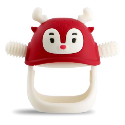 Picture of Smily Mia Never Drop Reindeer Silicone Baby Chewing Toy for 3M+ Infants, Easy to Hold Teething Miteen with Soft Textures for Sensory Exploration and Teething Pain Relief-Christmas Red