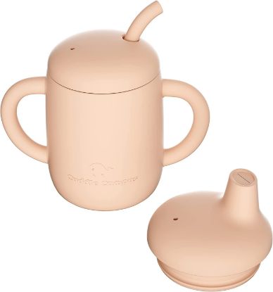 Picture of Cuddle Campus Sippy Cups 7OZ, [4 in 1] Baby Cups, Shatterproof Silicone Straw Cup,Open Cup for 6M, 6M+,6-12 Months,1/1+ Year Old Baby,Toddler (Peach Fuzz+buttercream, 7 OZ(1 Cup+2 Lids))