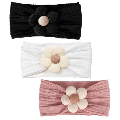 Picture of MIUXUESO 3 Pcs Baby Flower Headbands Baby Girls Nylon Headband Soft Hairbands Hair Accessories for Newborn Infant Toddler Kids (White Black Pink)