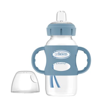 Picture of Dr. Brown's Milestones Wide-Neck Sippy Spout Bottle with 100% Silicone Handles, Easy-Grip Handles with Soft Sippy Spout, 9oz/270mL, Light-Blue, 1-Pack, 6m+