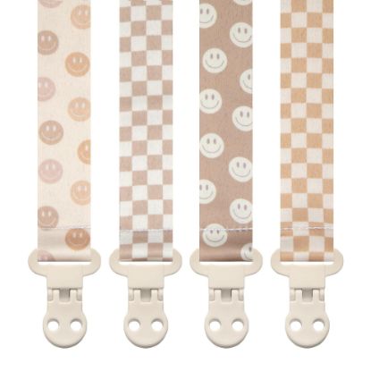 Picture of Stadela Baby Pacifier Clip Holder - Girl or Boy Unisex 4 Pack Gift Set - Retro Checker and Smiley Faces Design